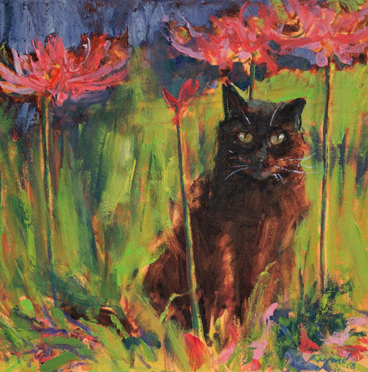 Higanbana (Cat with Lilies), oil on canvas, 12&quot; x 12&quot; - PaulFayard