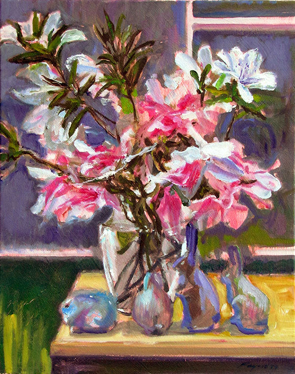 Azalea Still Life with Figurines, oil on canvas, 20" x 16" - PaulFayard