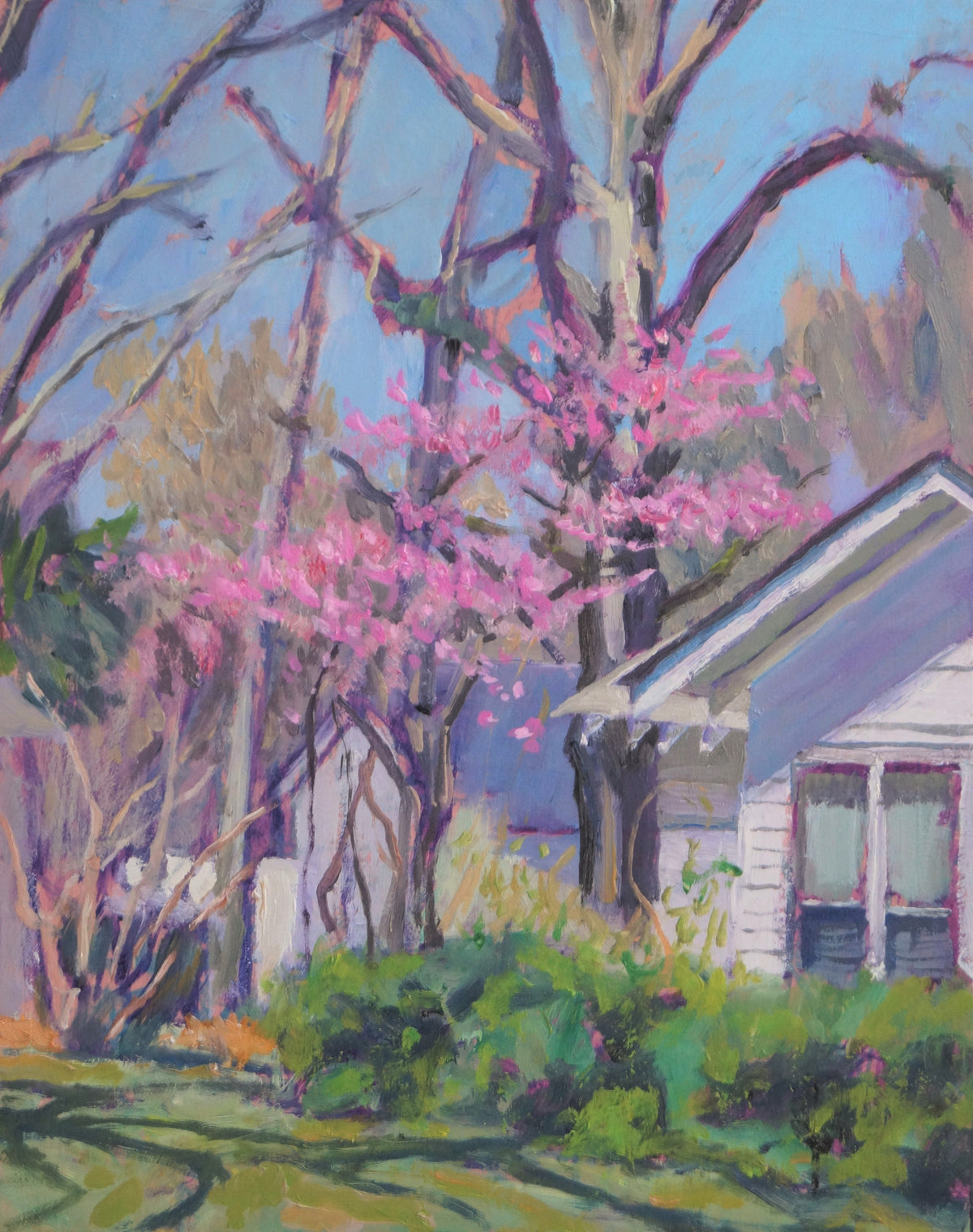 Redbud Cottage, oil on wood panel, 14&quot; x 11&quot;